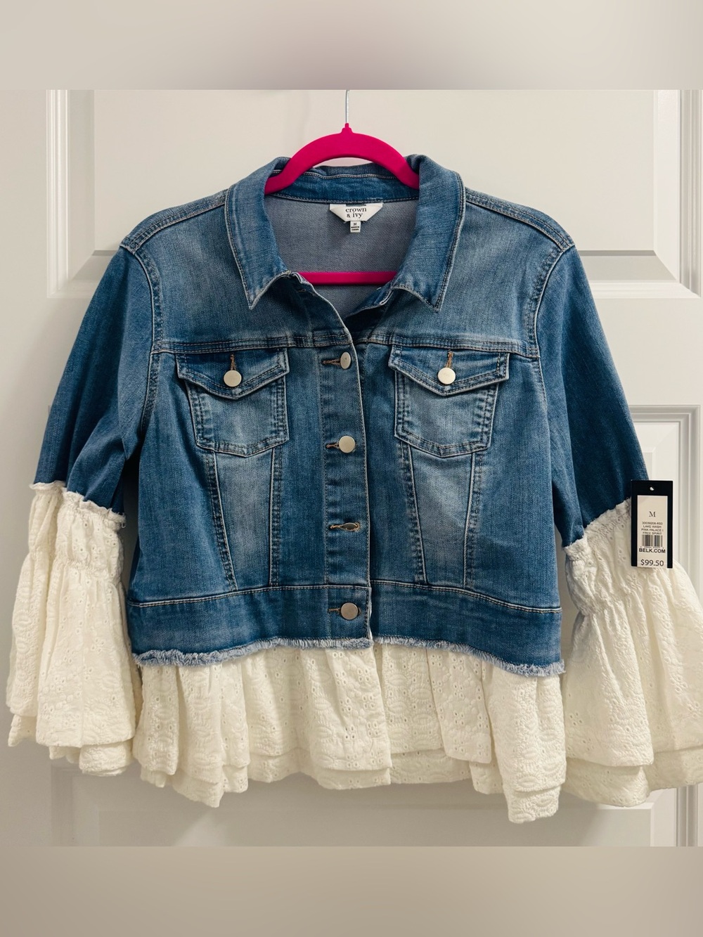 CROWN & IVY Denim Jacket with Eyelet Ruffle